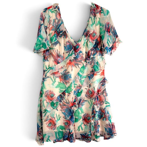 Anthropologie Dresses & Skirts - anthropologie floral ruffle mini dress ivory multicolor romantic boho v neck s